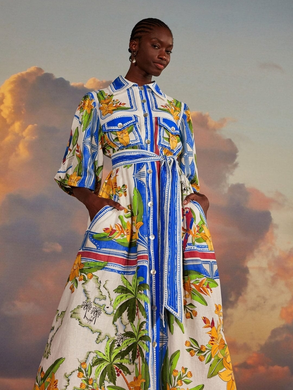 FARM Rio White Midi Shirt Dress with Blue Stripes and Yellow Floral Print - Picture 2 of 7